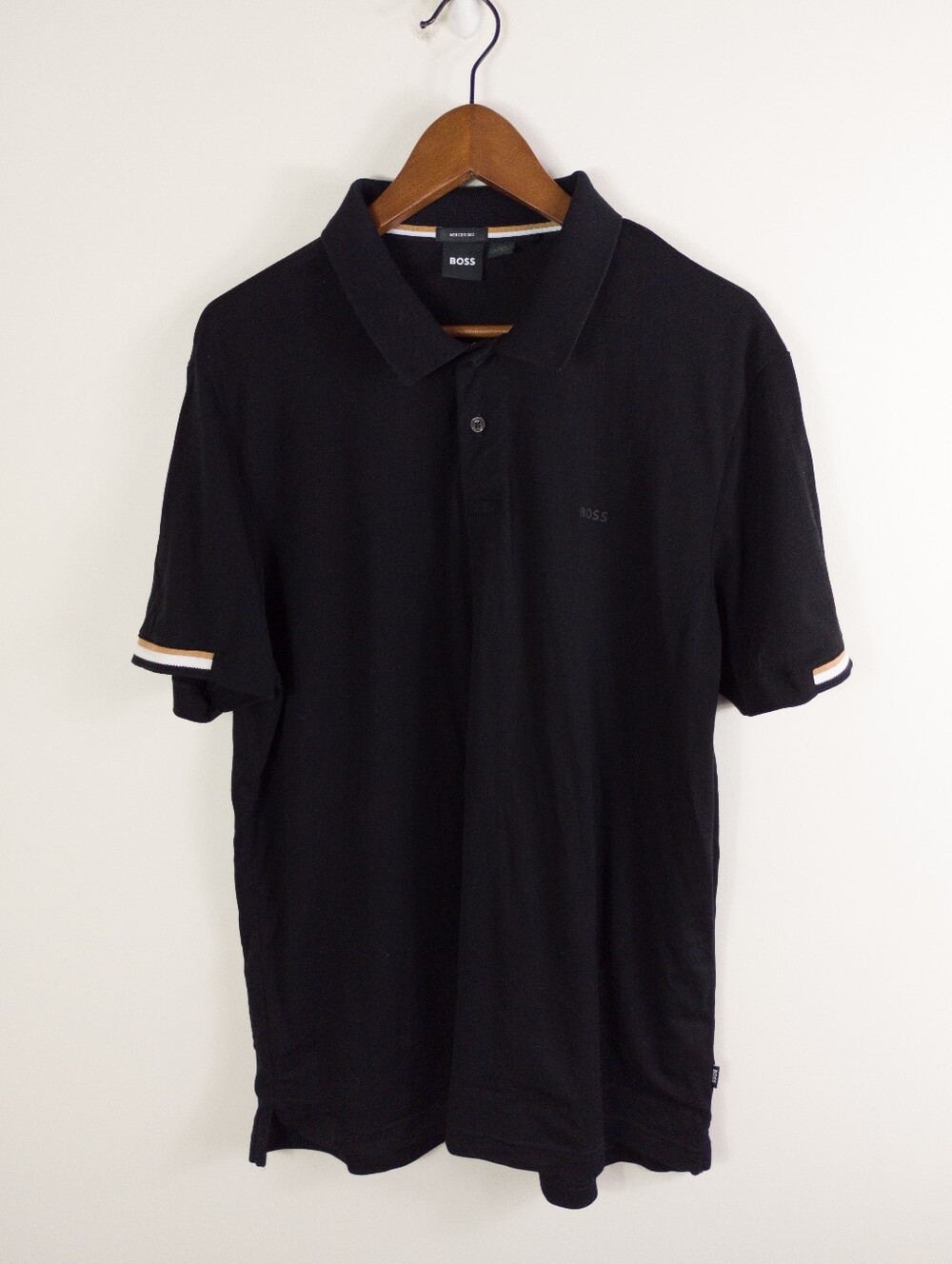 HUGO BOSS Parlay 147 Polo Shirt Mens 2XL Black Tipped Stripe Cuff Rubber Logo